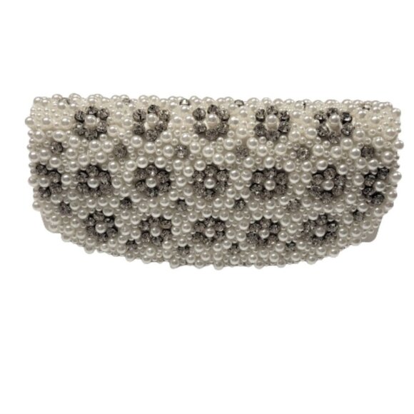 Simon Chang Pearl and Crystal Studded Evening Cocktail Wedding White Purse - Picture 3 of 16